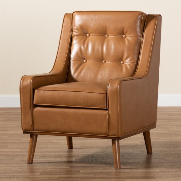 Daley Modern and Contemporary Tan Faux Leather Upholstered and Walnut Brown Finished Wood Lounge Armchair