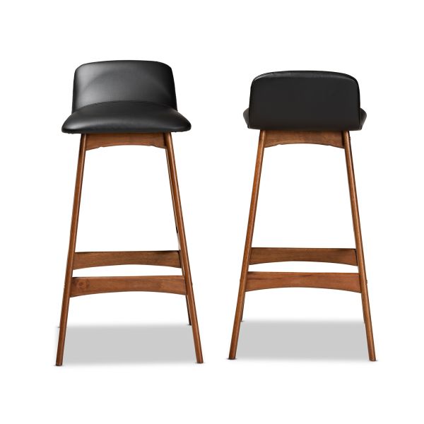 Darrin Mid-Century Modern Black Faux Leather Upholstered and Walnut Brown Finished Wood 2-Piece Bar Stool Set