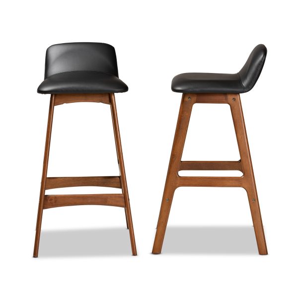Darrin Mid-Century Modern Black Faux Leather Upholstered and Walnut Brown Finished Wood 2-Piece Bar Stool Set