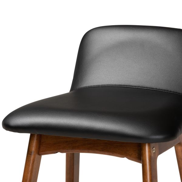 Darrin Mid-Century Modern Black Faux Leather Upholstered and Walnut Brown Finished Wood 2-Piece Bar Stool Set