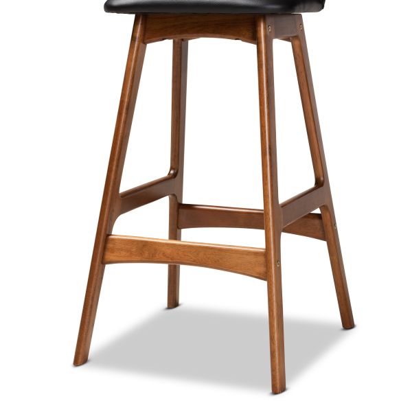 Darrin Mid-Century Modern Black Faux Leather Upholstered and Walnut Brown Finished Wood 2-Piece Bar Stool Set