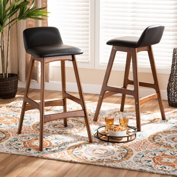 Darrin Mid-Century Modern Black Faux Leather Upholstered and Walnut Brown Finished Wood 2-Piece Bar Stool Set