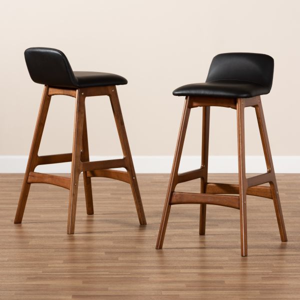 Darrin Mid-Century Modern Black Faux Leather Upholstered and Walnut Brown Finished Wood 2-Piece Bar Stool Set