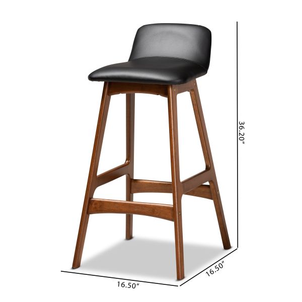 Darrin Mid-Century Modern Black Faux Leather Upholstered and Walnut Brown Finished Wood 2-Piece Bar Stool Set