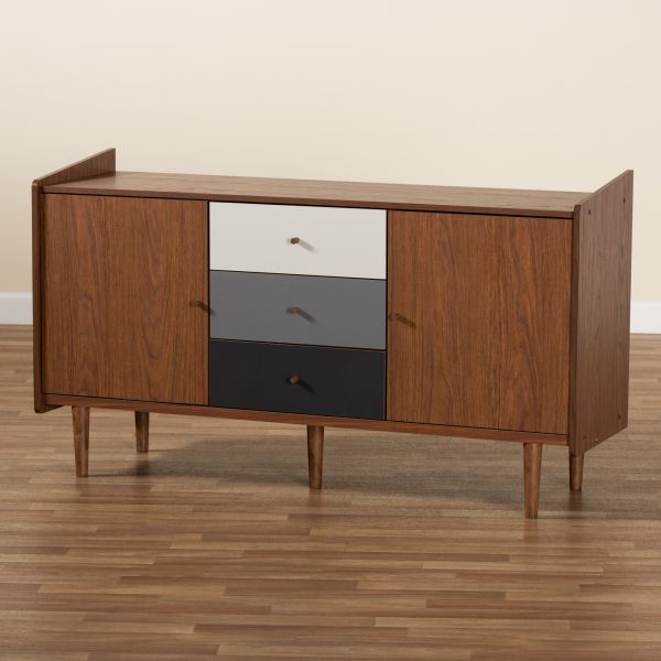 Halden Mid-Century Modern Multicolor Walnut Brown and Grey Gradient Finished Wood 2-Door Dining Room Sideboard Buffet