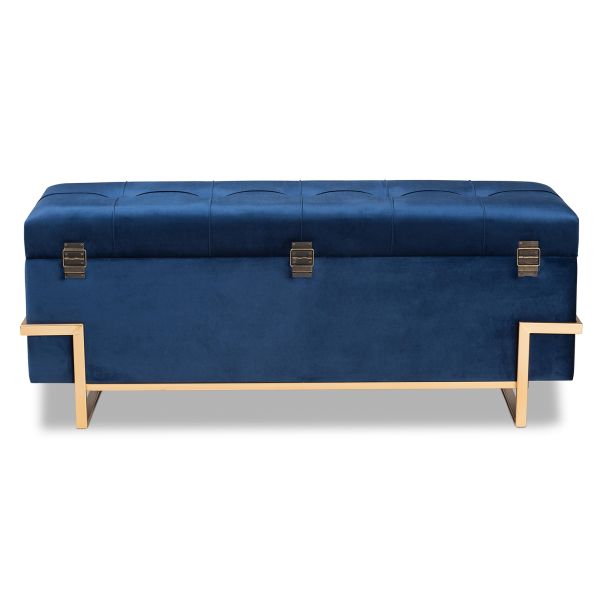 Parker Glam and Luxe Navy Blue Velvet Upholstered and Gold Metal Finished Storage Ottoman 