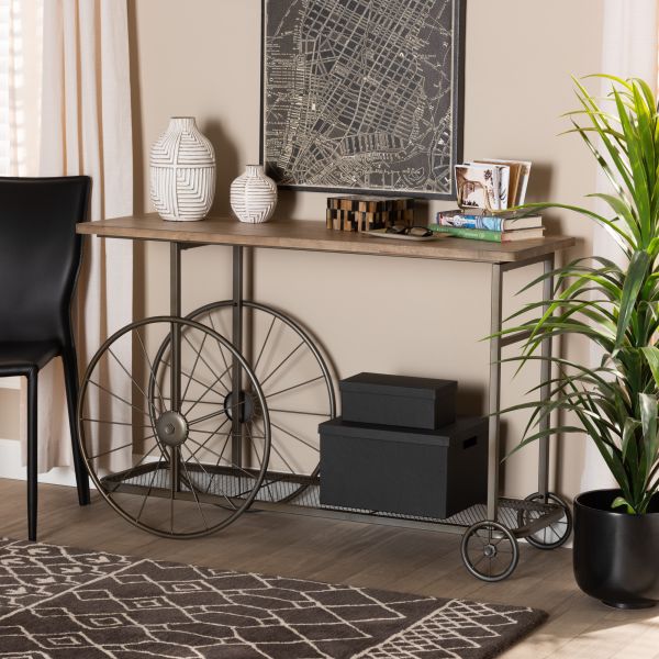 Terence Vintage Rustic Industrial Natural Finished Wood and Black Finished Metal Wheeled Console Table