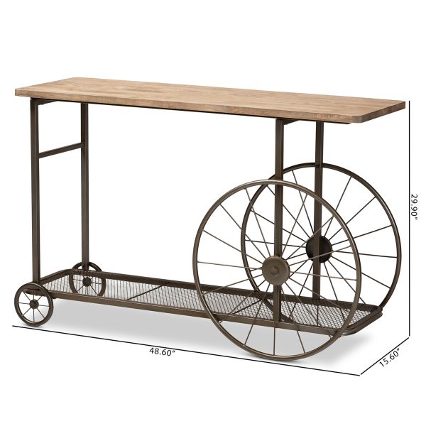Terence Vintage Rustic Industrial Natural Finished Wood and Black Finished Metal Wheeled Console Table