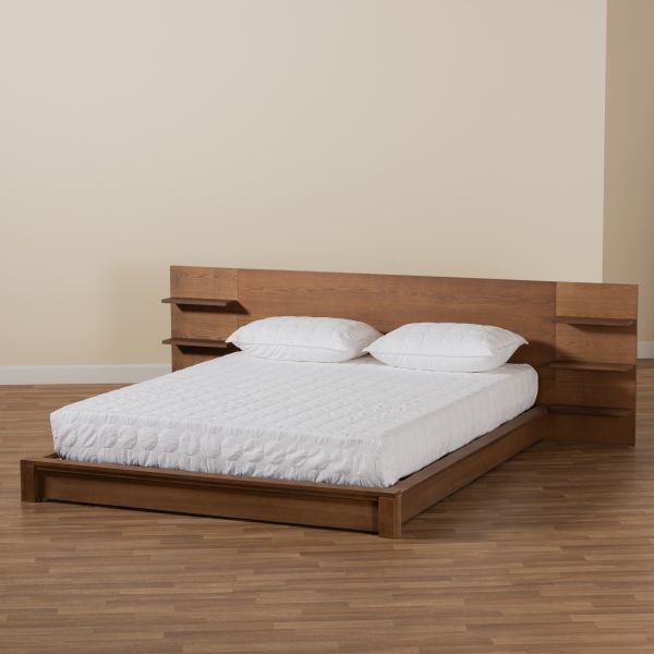Elina Modern and Contemporary Walnut Brown Finished Wood King Size Platform Storage Bed with Shelves
