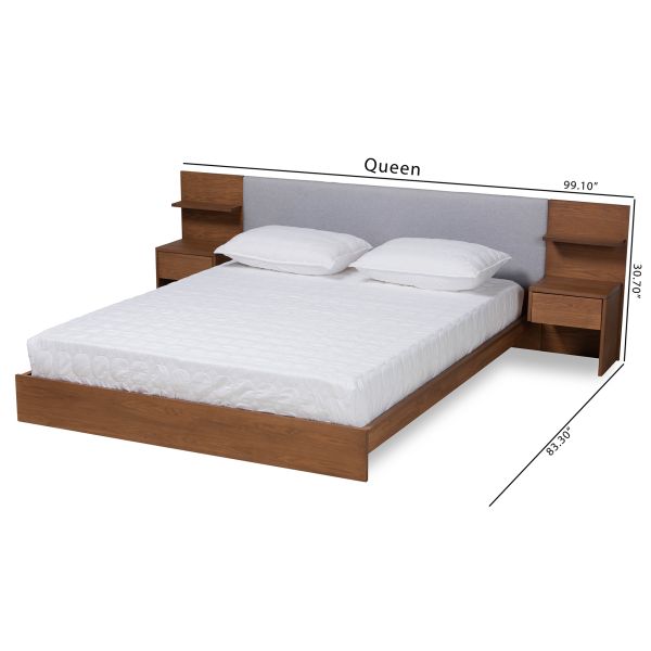 Sami Modern and Contemporary Light Grey Fabric Upholstered and Walnut Brown Finished Wood Queen Size Platform Storage Bed with Built-In Nightstands