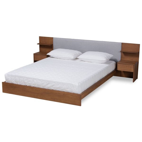Sami Modern and Contemporary Light Grey Fabric Upholstered and Walnut Brown Finished Wood Queen Size Platform Storage Bed with Built-In Nightstands