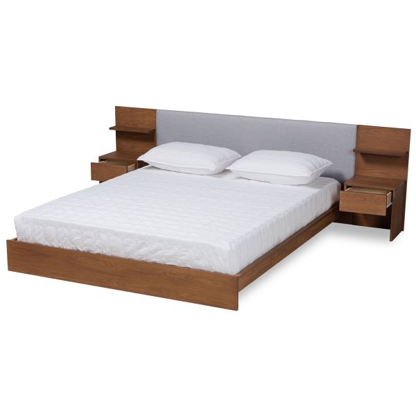 Sami Modern and Contemporary Light Grey Fabric Upholstered and Walnut Brown Finished Wood Queen Size Platform Storage Bed with Built-In Nightstands