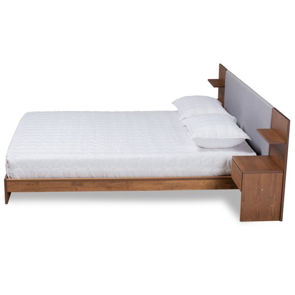Sami Modern and Contemporary Light Grey Fabric Upholstered and Walnut Brown Finished Wood Queen Size Platform Storage Bed with Built-In Nightstands