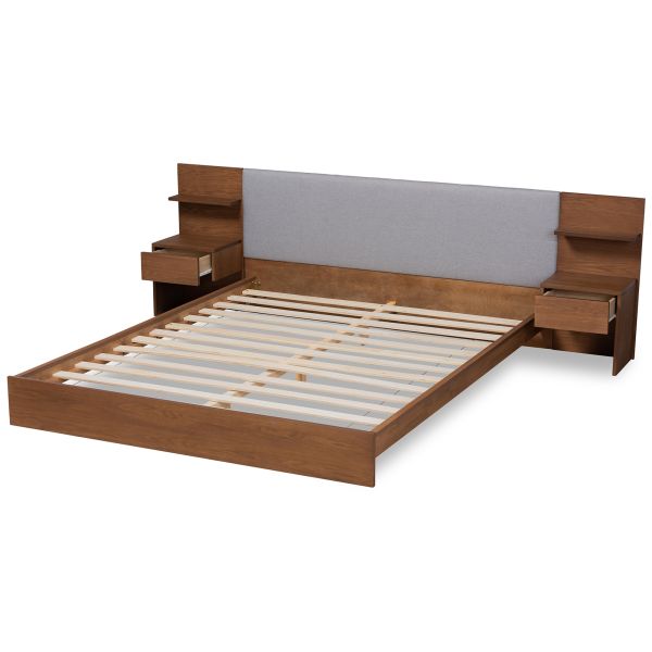 Sami Modern and Contemporary Light Grey Fabric Upholstered and Walnut Brown Finished Wood Queen Size Platform Storage Bed with Built-In Nightstands