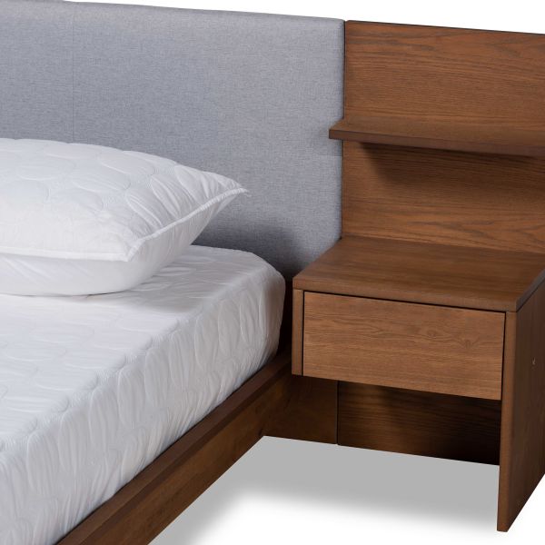 Sami Modern and Contemporary Light Grey Fabric Upholstered and Walnut Brown Finished Wood Queen Size Platform Storage Bed with Built-In Nightstands