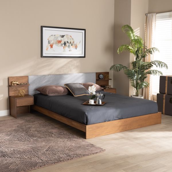 Sami Modern and Contemporary Light Grey Fabric Upholstered and Walnut Brown Finished Wood Queen Size Platform Storage Bed with Built-In Nightstands