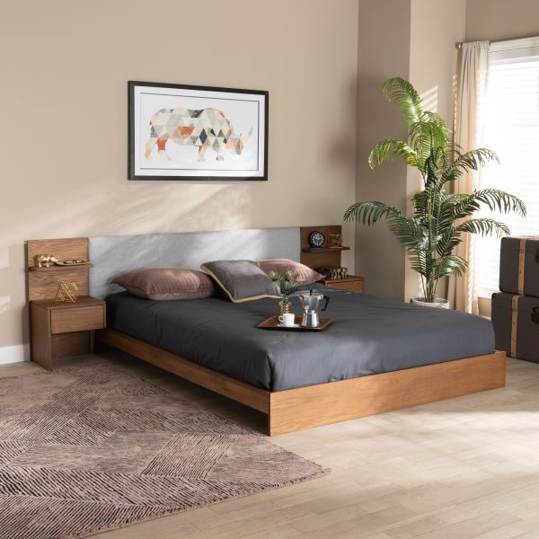 Sami Modern and Contemporary Light Grey Fabric Upholstered and Walnut Brown Finished Wood Queen Size Platform Storage Bed with Built-In Nightstands
