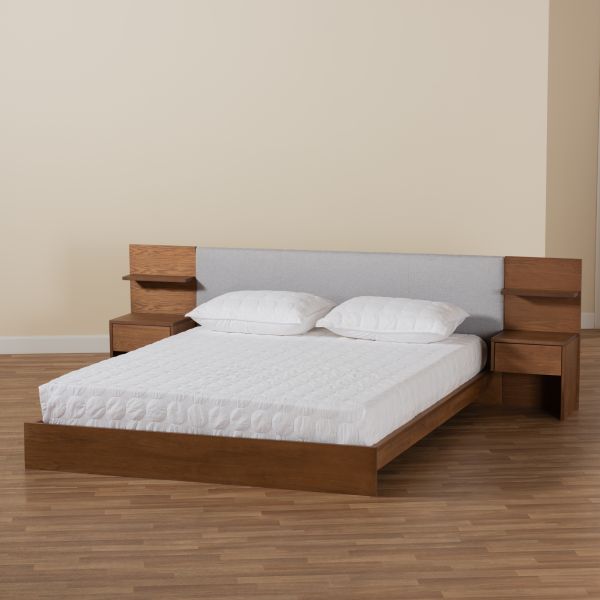 Sami Modern and Contemporary Light Grey Fabric Upholstered and Walnut Brown Finished Wood Queen Size Platform Storage Bed with Built-In Nightstands