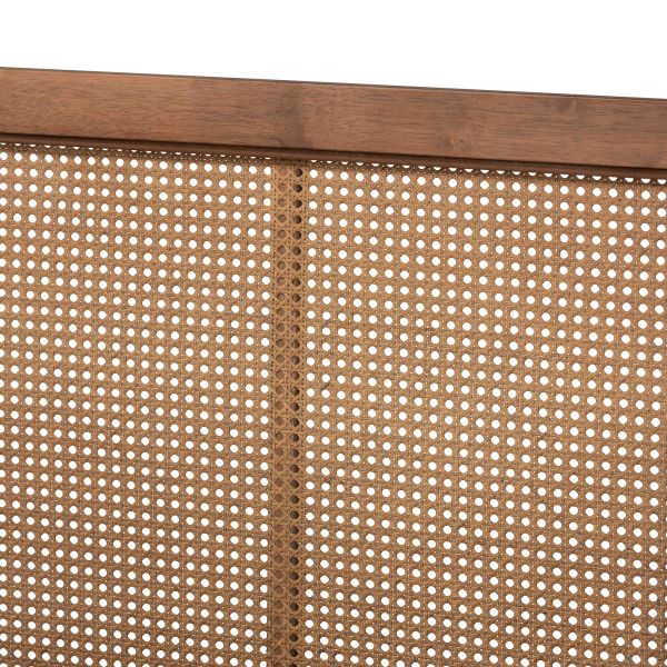 Redmond Mid-Century Modern Walnut Brown Finished Wood and Synthetic Rattan Queen Size Platform Bed