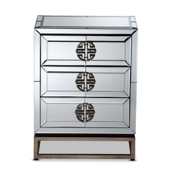 Laken Contemporary Glam and Luxe Mirrored and Antique Bronze Finished 3-Drawer Nightstand