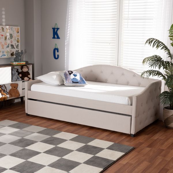 Becker Modern and Contemporary Transitional Beige Fabric Upholstered Twin Size Daybed with Trundle