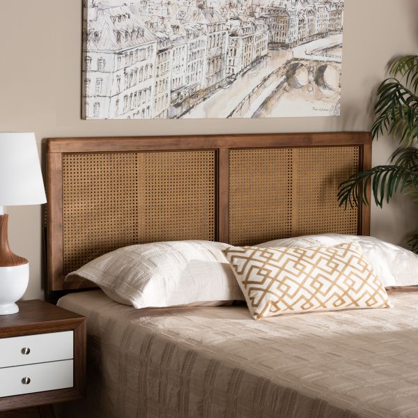 Gilbert Mid-Century Modern Ash Walnut Finished Wood and Synthetic Rattan King Size Headboard 