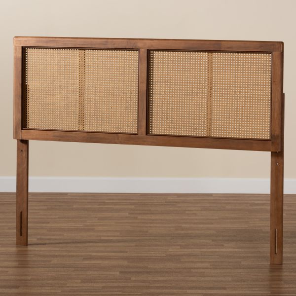 Gilbert Mid-Century Modern Ash Walnut Finished Wood and Synthetic Rattan Full Size Headboard 