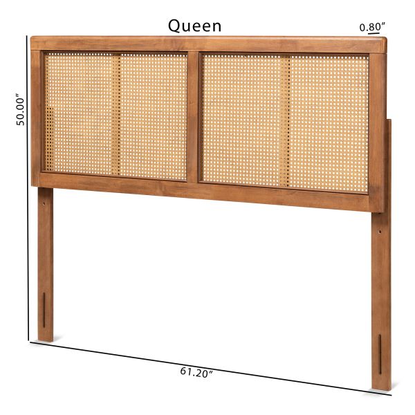 Gilbert Mid-Century Modern Ash Walnut Finished Wood and Synthetic Rattan Full Size Headboard 