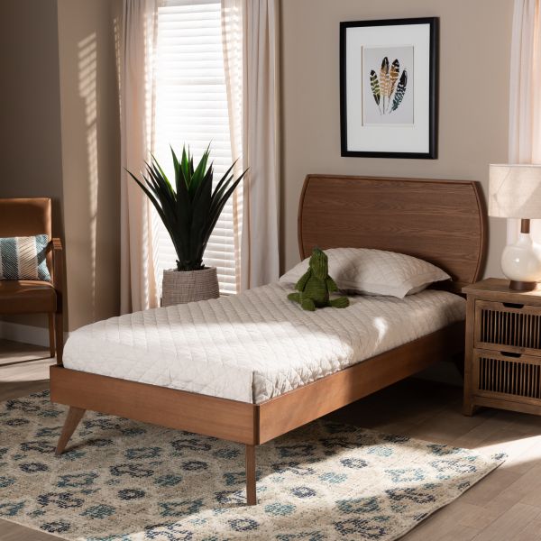 Aimi Mid-Century Modern Walnut Brown Finished Wood Twin Size Platform Bed