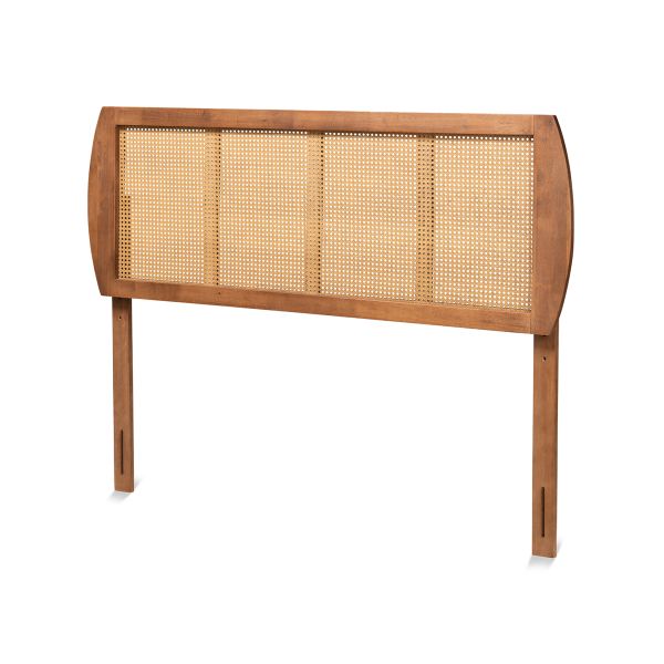 Harris Mid-Century Modern Ash Walnut Finished Wood and Synthetic Rattan Queen Size Headboard