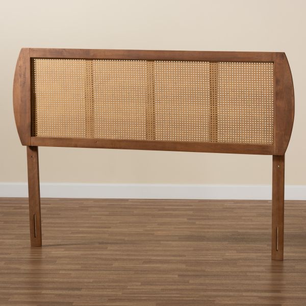 Harris Mid-Century Modern Ash Walnut Finished Wood and Synthetic Rattan Full Size Headboard