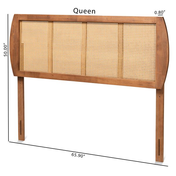 Harris Mid-Century Modern Ash Walnut Finished Wood and Synthetic Rattan Queen Size Headboard