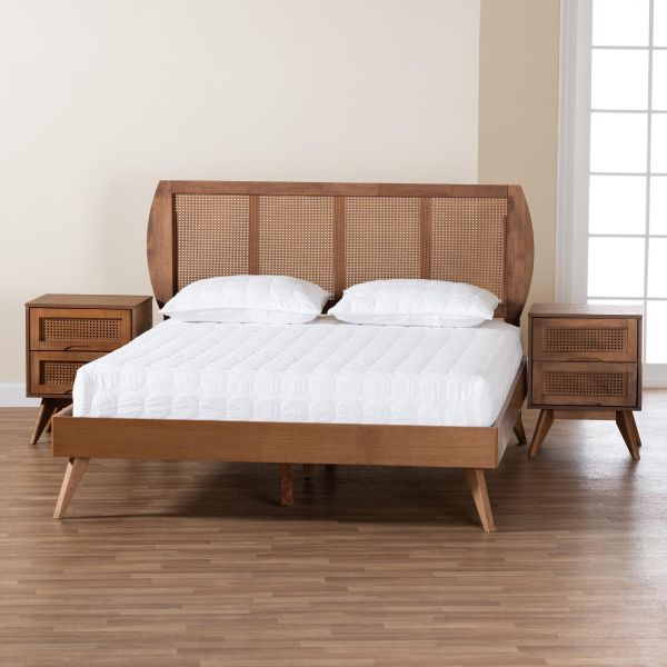 Asami Walnut Brown Finished Wood and Woven Rattan King Size 3-Piece Bedroom Set