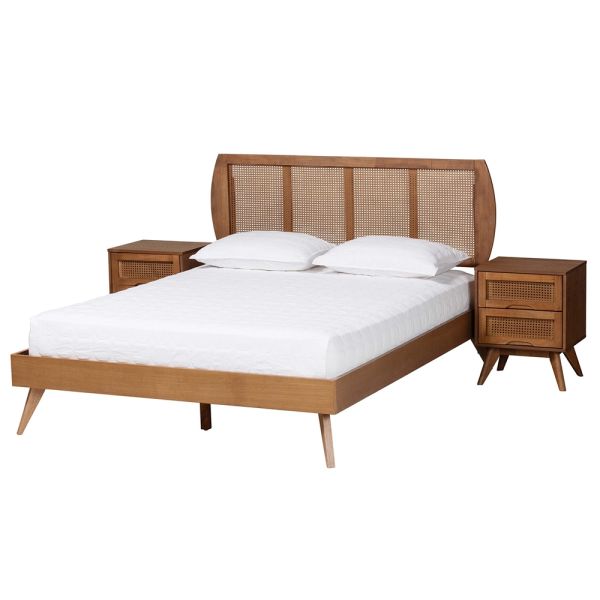 Asami Walnut Brown Finished Wood and Woven Rattan Queen Size 3-Piece Bedroom Set