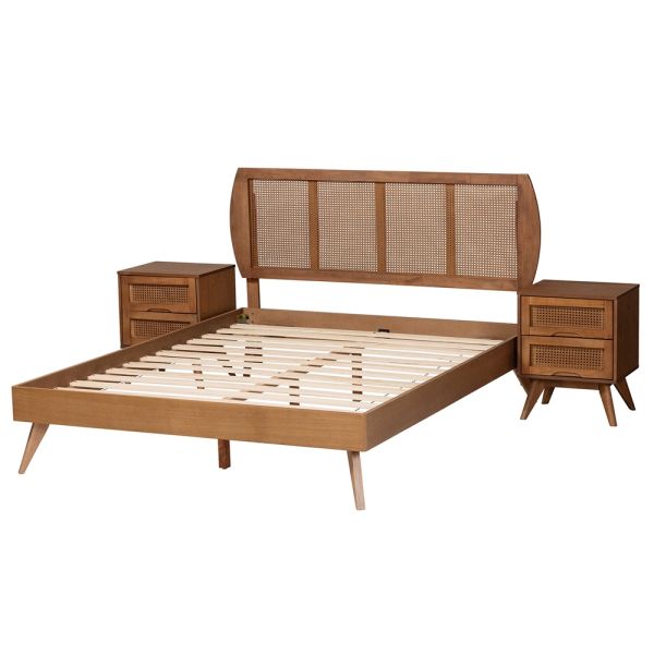 Asami Walnut Brown Finished Wood and Woven Rattan Full Size 3-Piece Bedroom Set