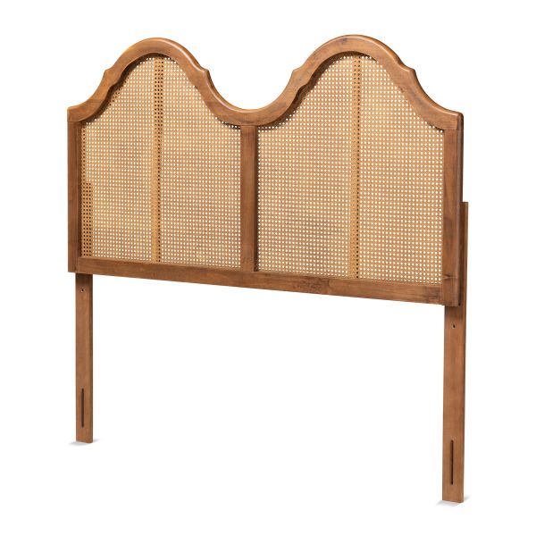 Hazel Vintage Classic and Traditional Ash Walnut Finished Wood and Synthetic Rattan Queen Size Arched Headboard