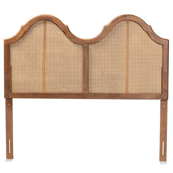 Hazel Vintage Classic and Traditional Ash Walnut Finished Wood and Synthetic Rattan Queen Size Arched Headboard