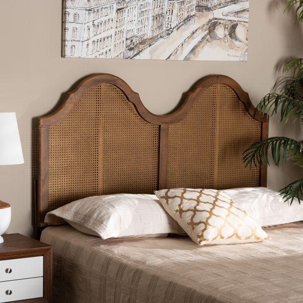 Hazel Vintage Classic and Traditional Ash Walnut Finished Wood and Synthetic Rattan King Size Arched Headboard