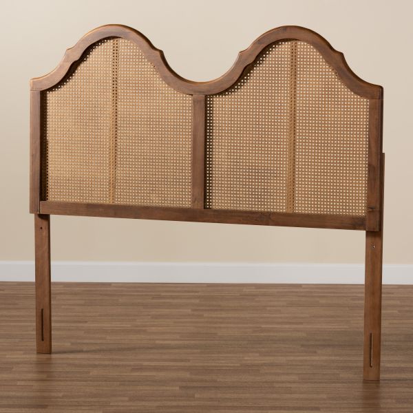 Hazel Vintage Classic and Traditional Ash Walnut Finished Wood and Synthetic Rattan Queen Size Arched Headboard