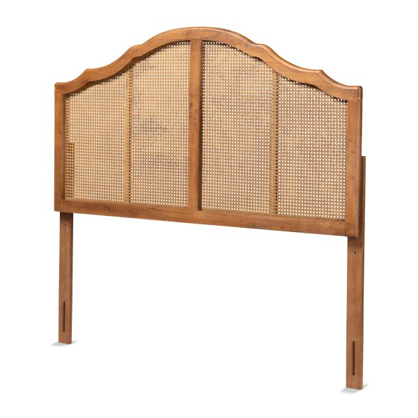Iris Vintage Classic and Traditional Ash Walnut Finished Wood and Synthetic Rattan Queen Size Arched Headboard