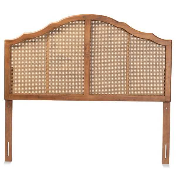Iris Vintage Classic and Traditional Ash Walnut Finished Wood and Synthetic Rattan Queen Size Arched Headboard