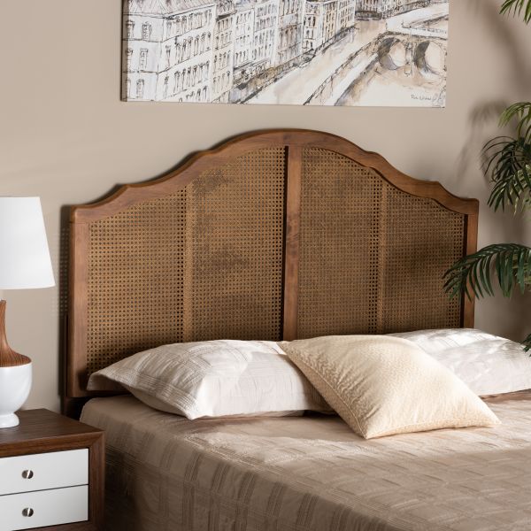 Iris Vintage Classic and Traditional Ash Walnut Finished Wood and Synthetic Rattan Queen Size Arched Headboard