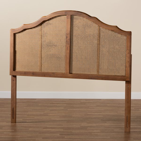 Iris Vintage Classic and Traditional Ash Walnut Finished Wood and Synthetic Rattan Queen Size Arched Headboard