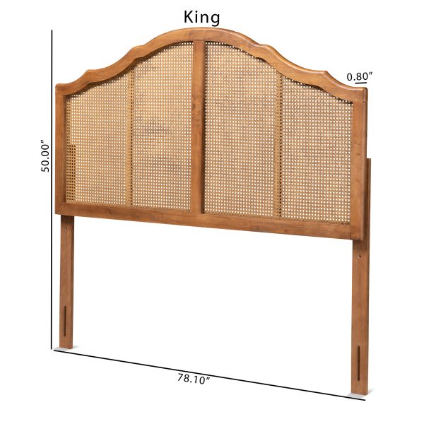 Iris Vintage Classic and Traditional Ash Walnut Finished Wood and Synthetic Rattan Queen Size Arched Headboard