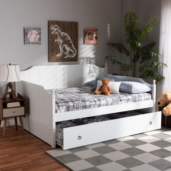 Millie Cottage Farmhouse White Finished Wood Full Size Daybed with Trundle