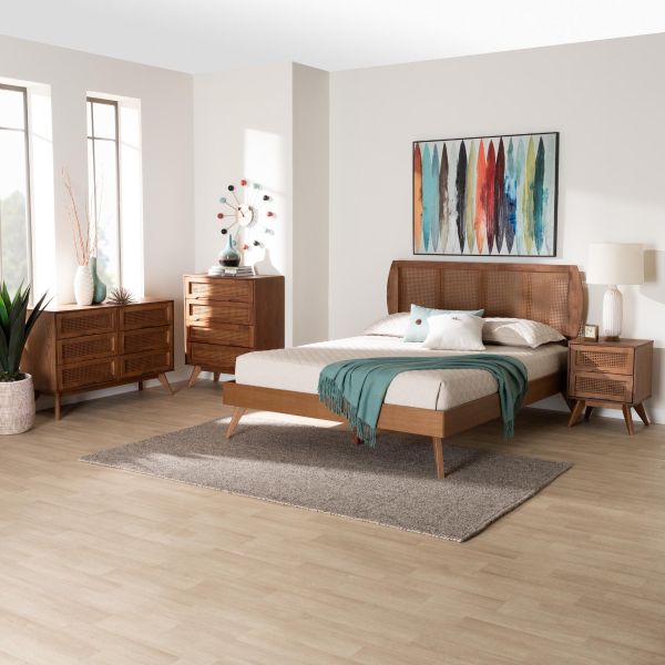 Asami Walnut Brown Finished Wood and Woven Rattan King Size 4-Piece Bedroom Set