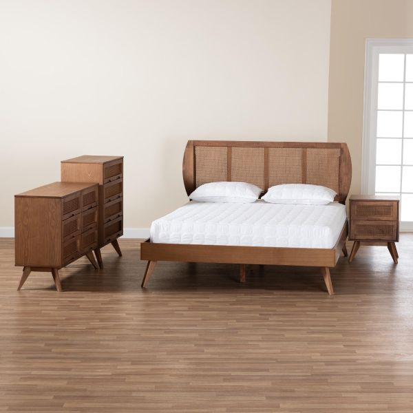 Asami Walnut Brown Finished Wood and Woven Rattan Full Size 4-Piece Bedroom Set