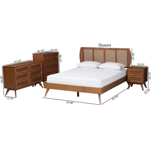 Asami Walnut Brown Finished Wood and Woven Rattan King Size 4-Piece Bedroom Set