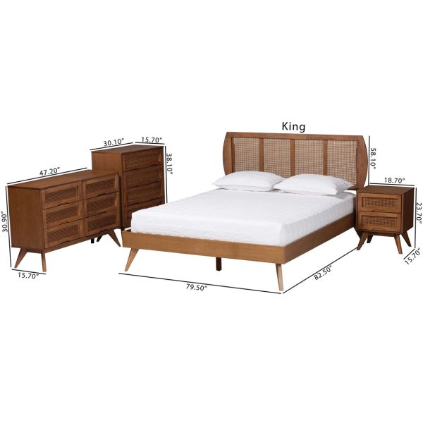 Asami Walnut Brown Finished Wood and Woven Rattan Queen Size 4-Piece Bedroom Set