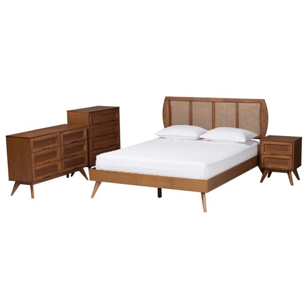 Asami Walnut Brown Finished Wood and Woven Rattan Queen Size 4-Piece Bedroom Set
